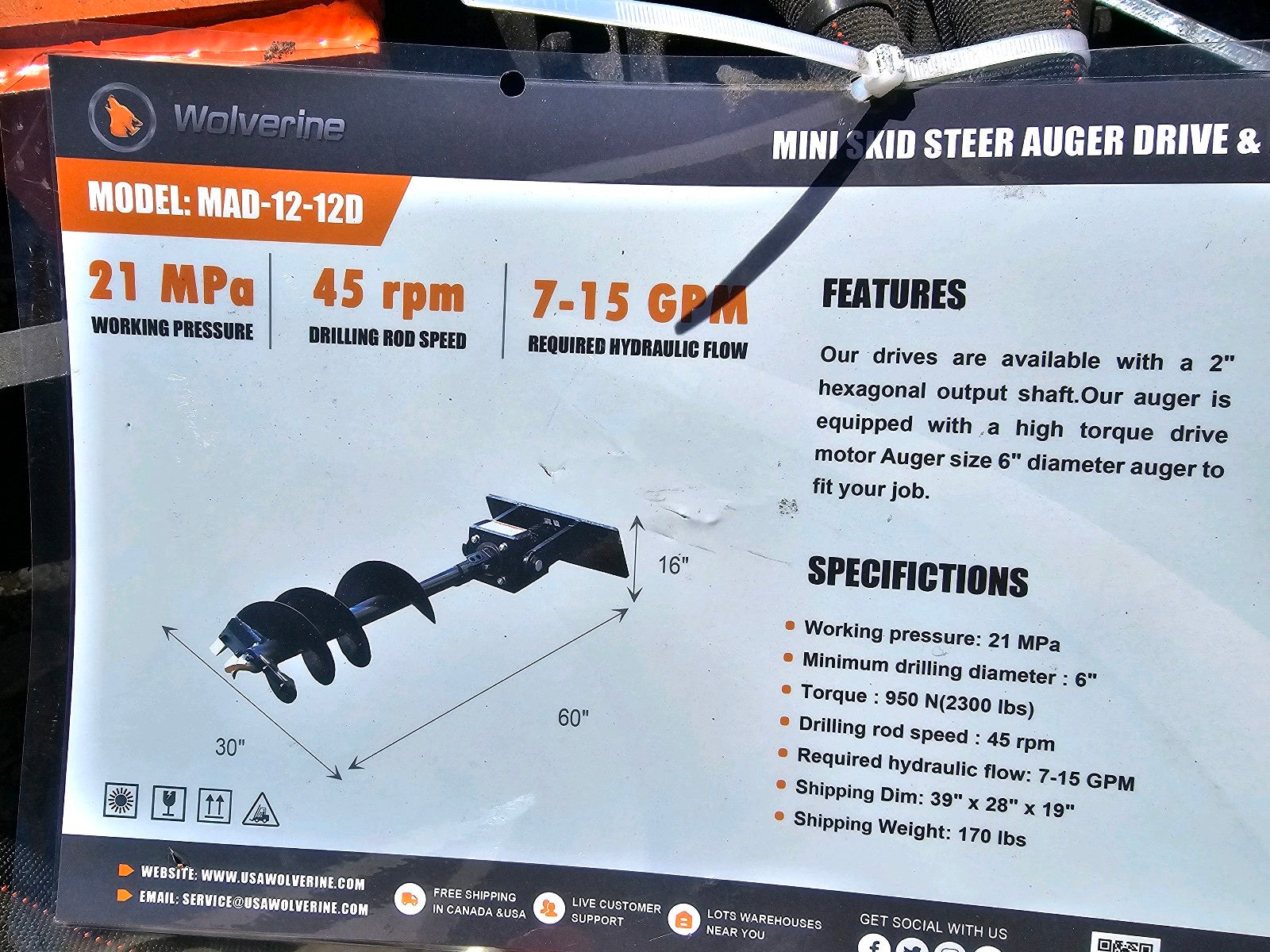 Wolverine MINI Skid Steer Auger and Bit